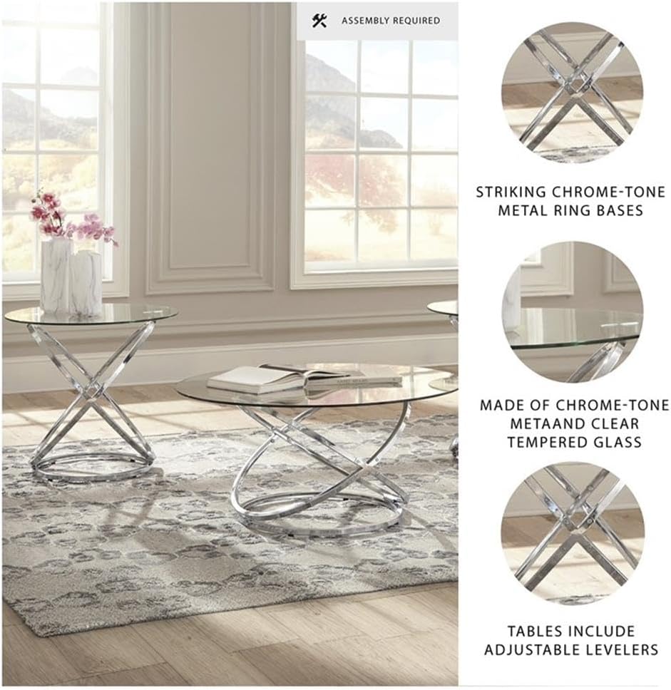 BOWERY HILL Modern 3-Piece Coffee Table Set, Glass Top with Chrome Metal Ring...