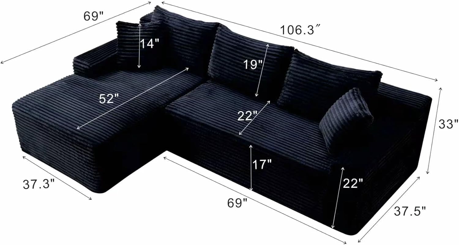 106-Inch L-Shaped Left Facing Boneless Corner Sofa 2 PCS Modular Sectional Cloud Sofa Couch with Chaise Lounge and Toss Pillow, Corduroy Boneless L-Shaped Cloud Couches