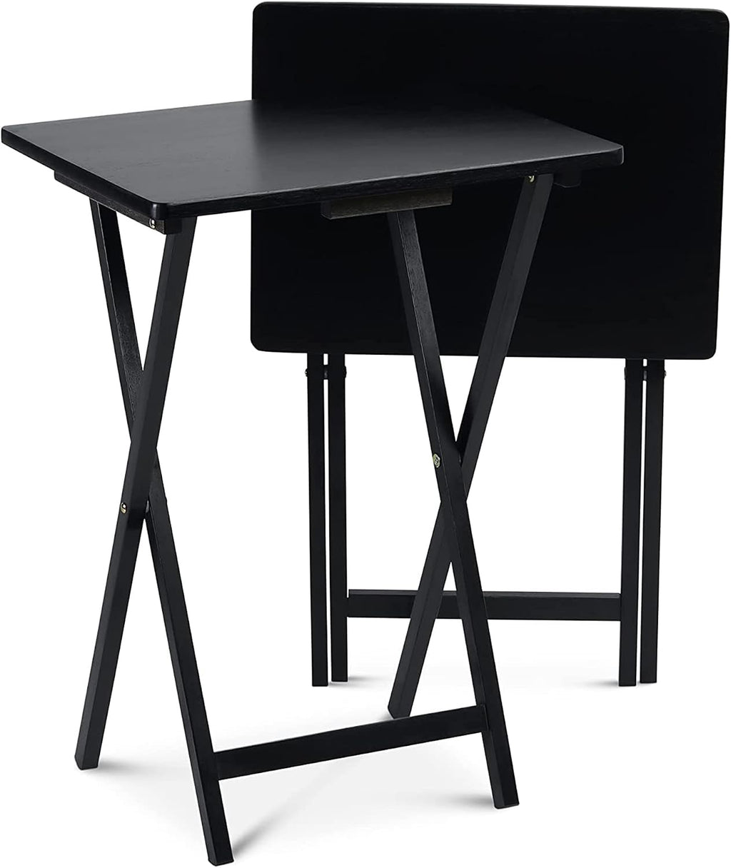 PJ Wood Conventional Solid and Sturdy Wood Construction Portable Folding TV Snack Tray Table Desk Serving Stand, Black (8-Piece Set)