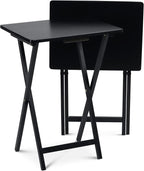 PJ Wood Conventional Solid and Sturdy Wood Construction Portable Folding TV Snack Tray Table Desk Serving Stand, Black (8-Piece Set)