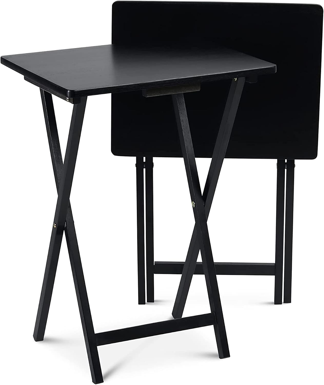 PJ Wood Conventional Solid and Sturdy Wood Construction Portable Folding TV Snack Tray Table Desk Serving Stand, Black (8-Piece Set)