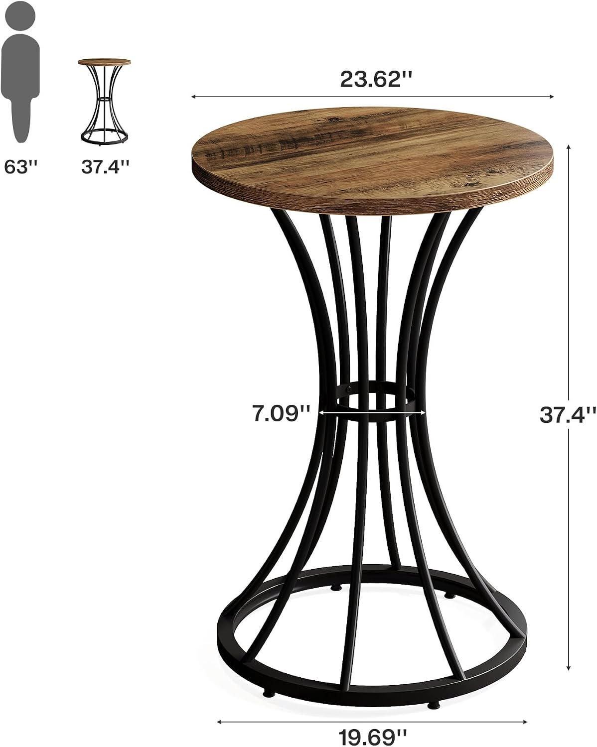 Tribesigns Round Bar Table for 2, 37.4" H Cocktail Table with Curved Metal Base, Coffee Pub Table for Spaces, Living Room, Kitchen, or Party (Brown & Black) (4)