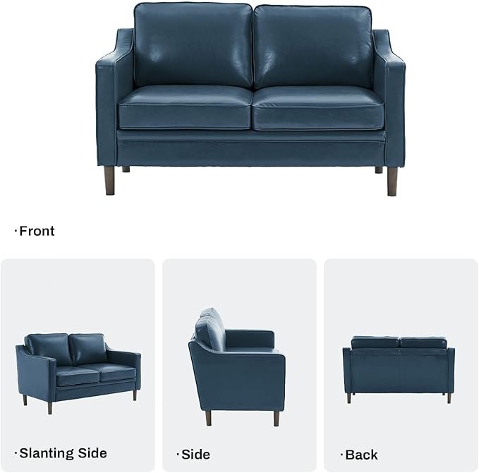 Kingfun 56" Faux Leather Sofa, Loveseat Couch, Mid Century Modern Love Seat Couches with Solid Wood Frame for Living Room & Bedroom, Blue