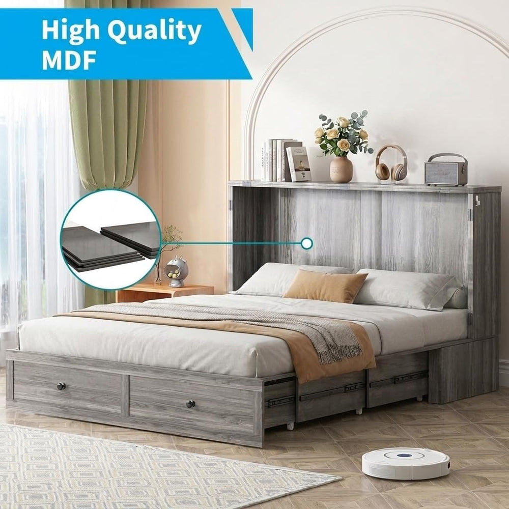 Mjkone Queen Size Murphy Bed with Tri-Folding Mattress, Farmhouse Murphy Cabi...