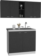 2-Piece Kitchen Set (Black/White) – 150cm Wall Cabinet + Utility Sink with Cabinet, Easy-Assemble Interlocking Design