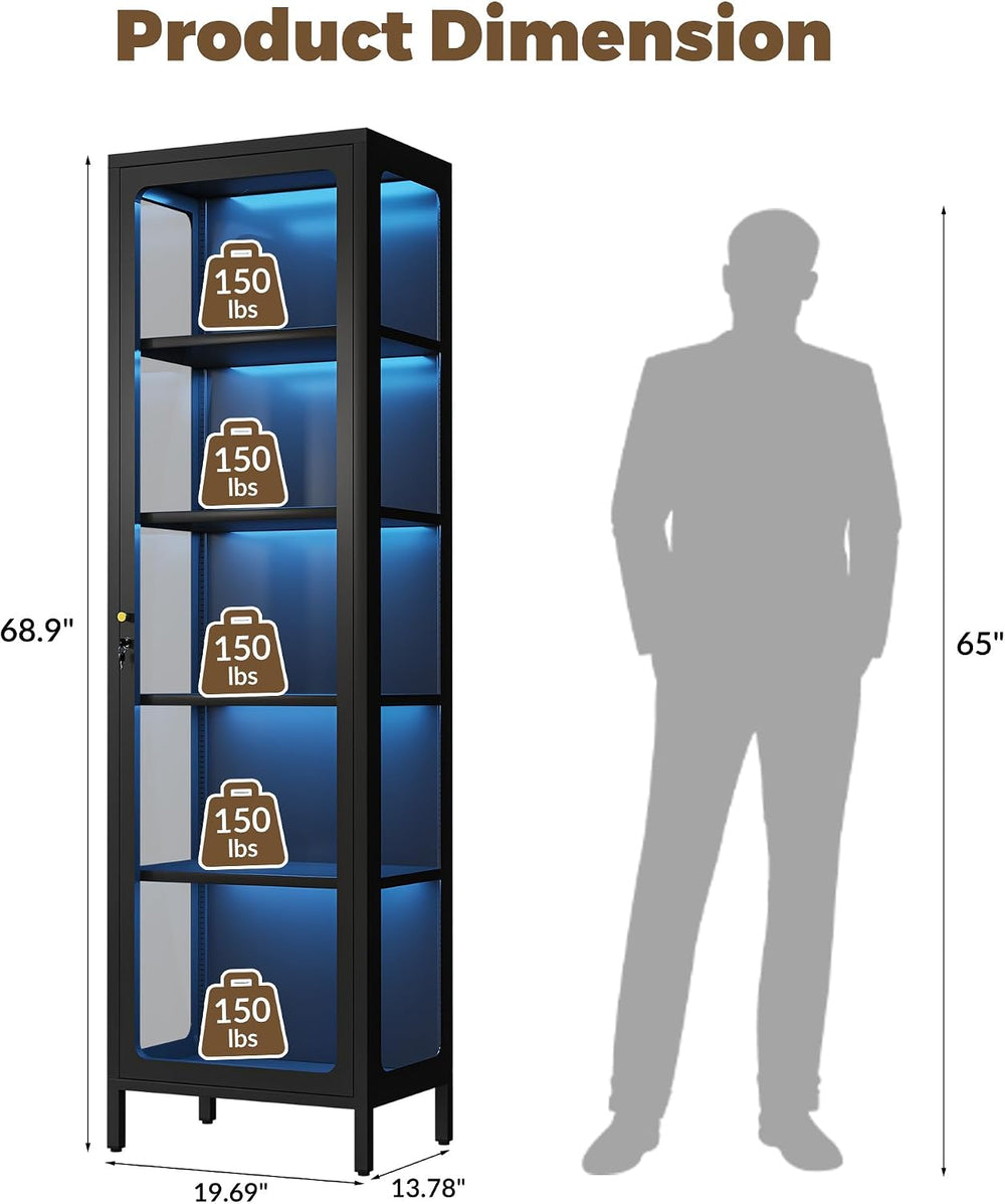69" Glass Display Cabinet with Lock & 13-Color LED Lights, 5-Tier Lo...