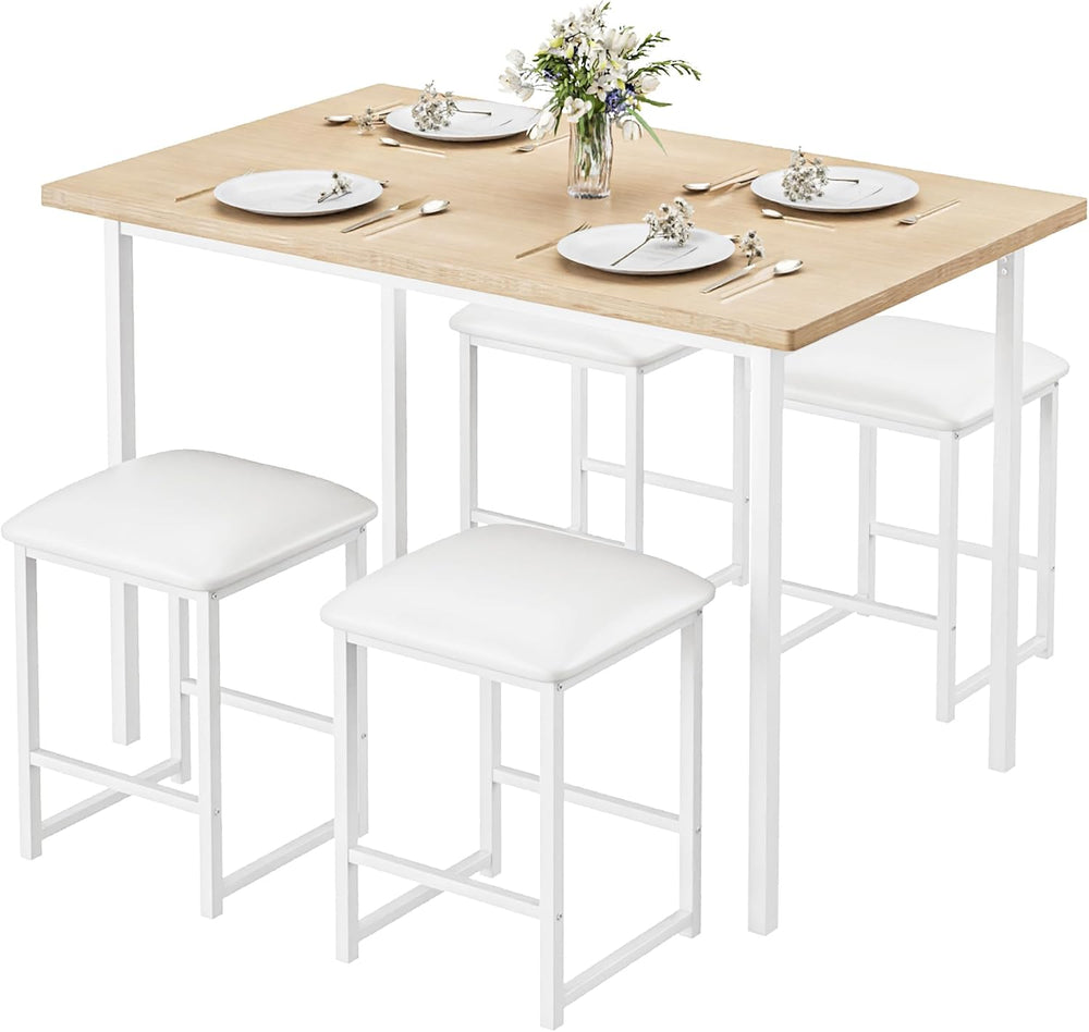 VECELO Dining Table and Faux Leather Chairs Set for 4, Oak | Kitchen table an...