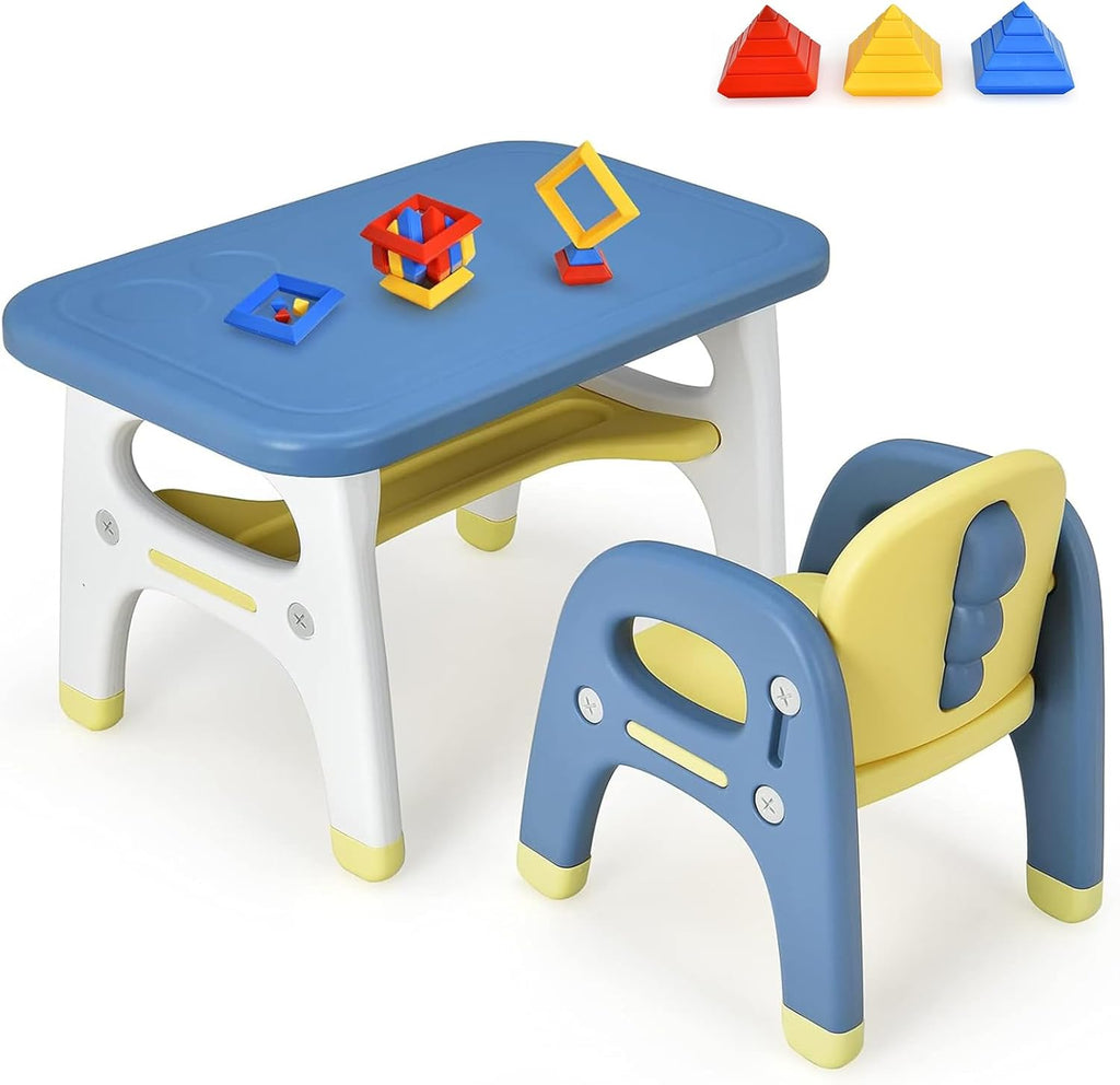 Costzon Toddler Table and Chair Set, Cute Dinosaur Children Activity Art Sturdy Desk Set w/Storage Rack & Montessori Building Blocks, Kids Table and Chair for Baby Boys Girls (Blue)