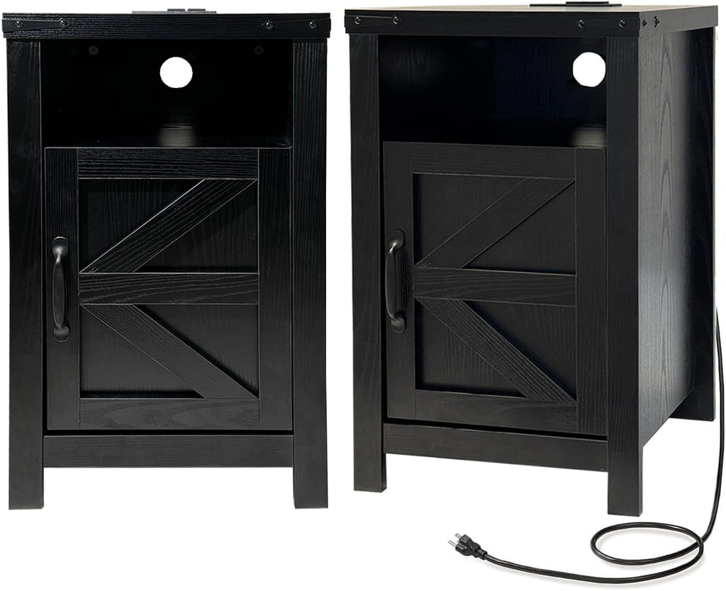 Black Farmhouse Nightstand Set of 2, End Tables Set with Charging Station, Night Stand with Door and Storage Shelf, Sofa Side Table Living Room, Bedside Table for Bedroom