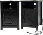 Black Farmhouse Nightstand Set of 2, End Tables Set with Charging Station, Night Stand with Door and Storage Shelf, Sofa Side Table Living Room, Bedside Table for Bedroom
