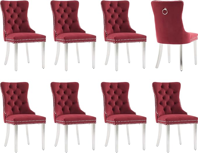 Luxury Upholstered Dining Chairs Set of 8, Red Kitchen Chair with Silver Metal Legs, Velvet Tufted Back Dining Chair, Sillas de Comedor, Modern Kitchen & Dining Room Chairs (Burgundy, 8 Pcs)