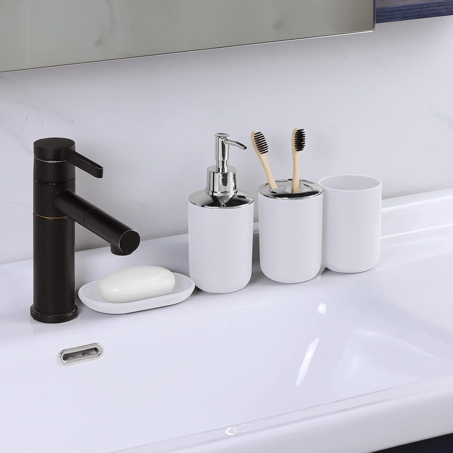 White Bathroom Set,9 Piece Bathroom Accessories Set,Tray,Soap Dispenser,Toothbrush Holder,Toothbrush Cup,Soap Dish,Toilet Brush,Qtip Holders,Trash Can for Bathroom Décor and Housewarming Gifts