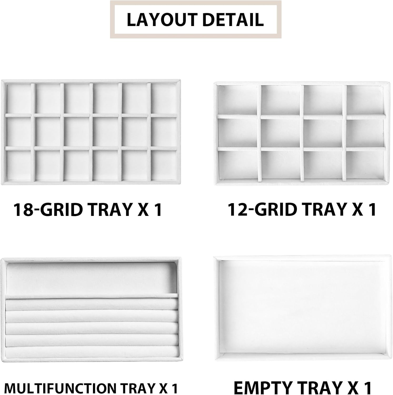Frebeauty Jewelry Organizer Tray,Stackable Velvet Jewelry Trays,Drawer Inserts Earring Organizer For Women Jewelry Storage Display Case for Rings Stud Necklaces,Set of 4(White)