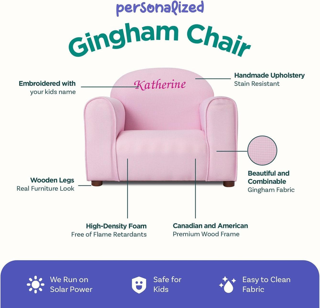 Keet Personalized Gingham Kids Chair with Custom Name Embroidery, Soft Microsuede Fabric, Padded Cushion, Wooden Frame, Ages 2-5, Comfortable & Stylish Toddler Armchair for Playroom & Bedroom.