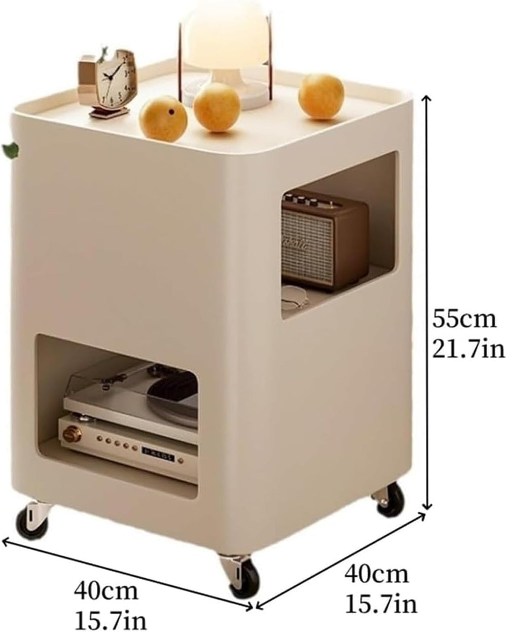 Cream Style Side Table with Wheels Mobile TV Tray Cart Square Bedside Table w...
