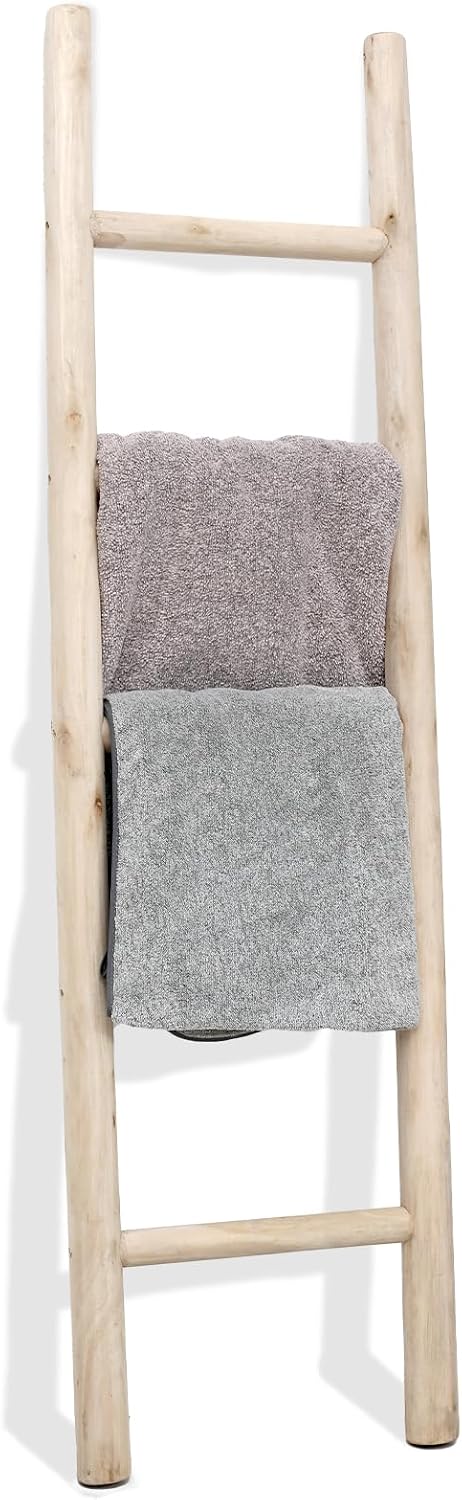 Blanket Ladder, 57in Rustic Solid Wood Decorative Ladder, Natural | Farmhouse living room accent, Layered blanket towel quilt display, Visible wood grain, Bathroom and Bedroom use