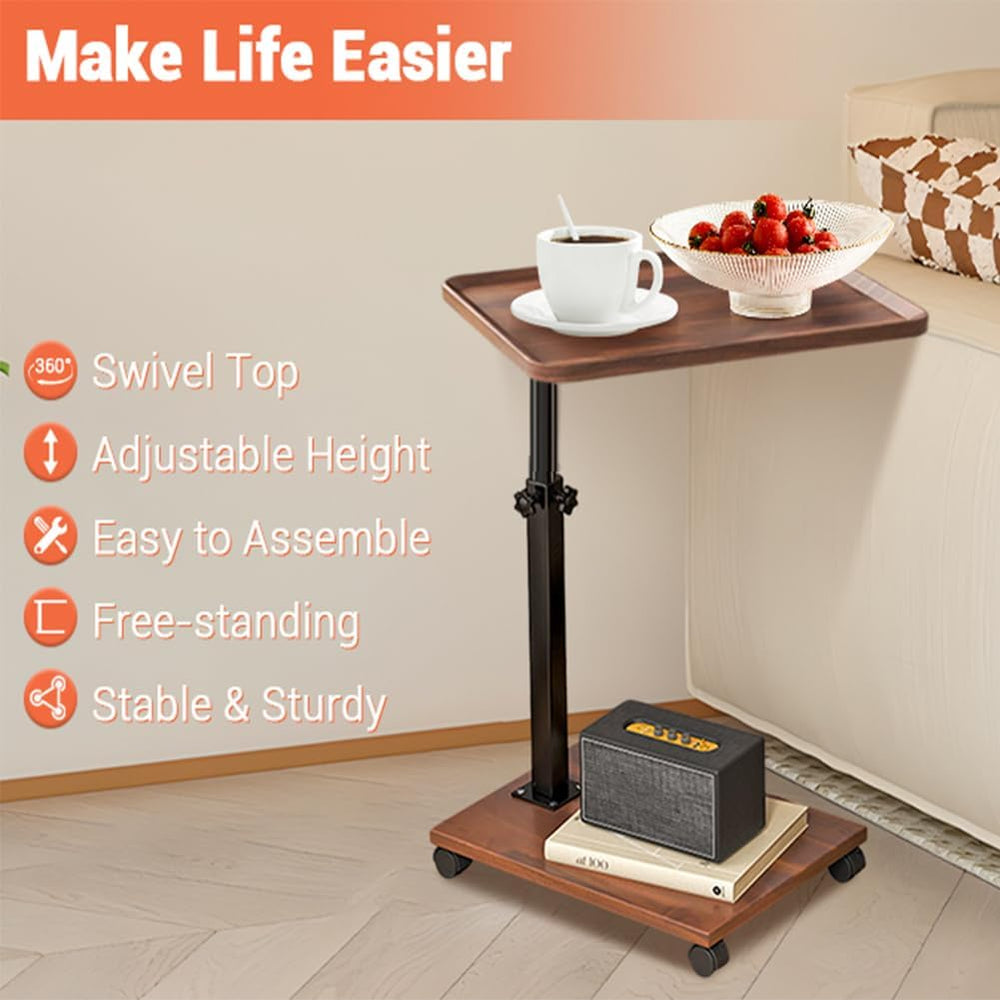 C Shaped End Table Adjustable Height, 360°Swivel TV Tray Table for Small Spac...