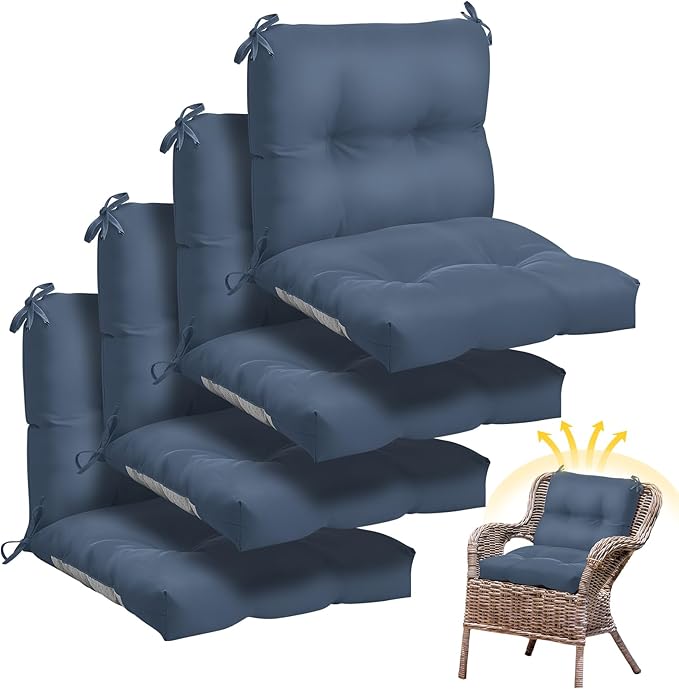 Geetery Outdoor Chair Cushions Set of 4 for Patio Lawn Furniture Wicker Rocking Dining Chairs 42x21x4 Inch High Back Seat Pads Replacement with Ties Weather-Resistant Fade-Resistant Indoor(Blue Gray)