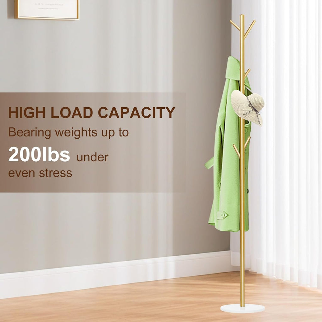 Coat Rack, Metal Freestanding Coat Rack with 8 Hooks, Sturdy Coat Tree with Natural Marble Base for Coats, Hats, Scarves and Handbags for Entryway, Hallway, Bedroom, Office,Dorm (Gold)