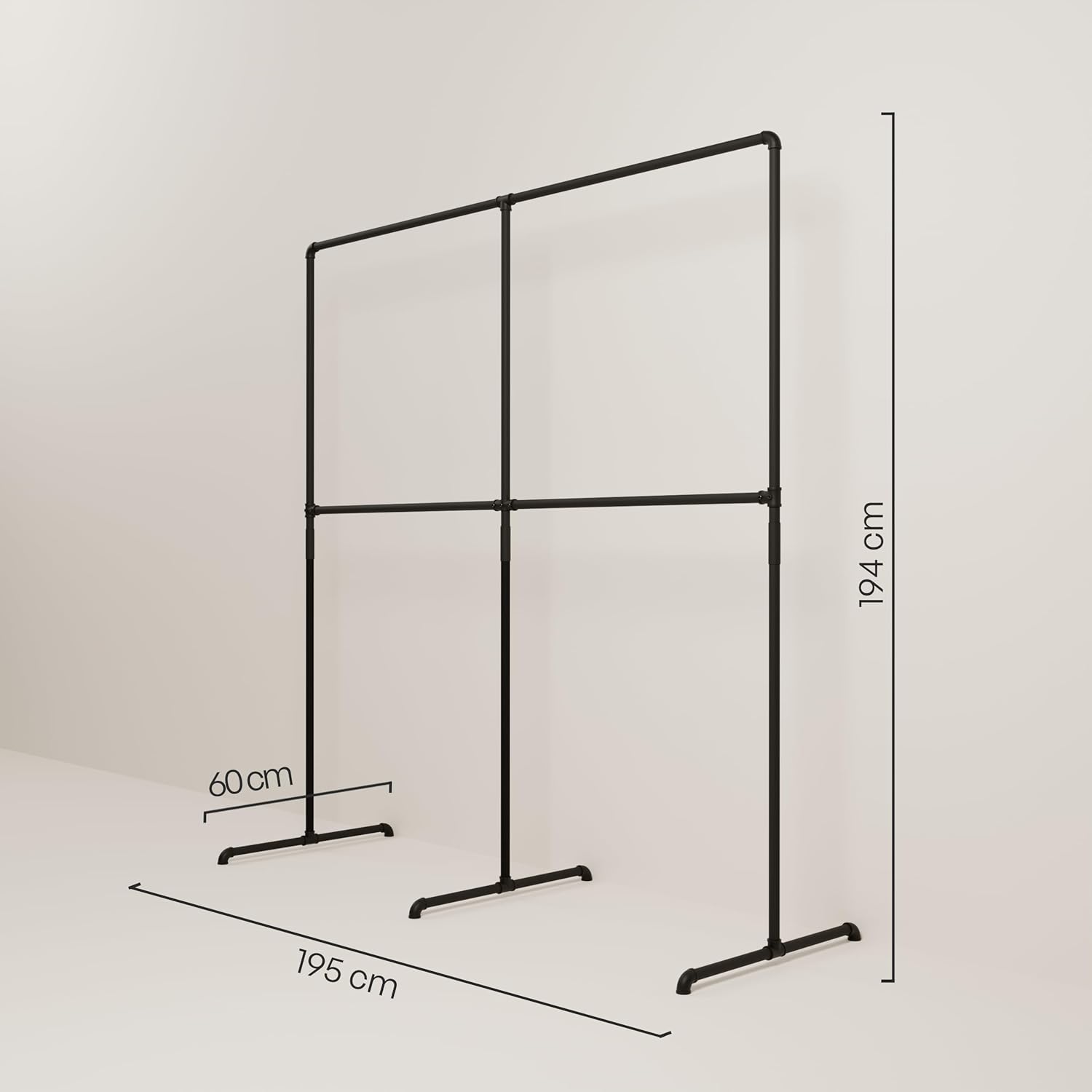 pamo Industrial Design garment rack - LAS 2 Black - freestanding Coat Rack for Walk-In Wardrobe Wall I Clothes Rack Made of Black Sturdy Pipes freestanding from Water Pipe