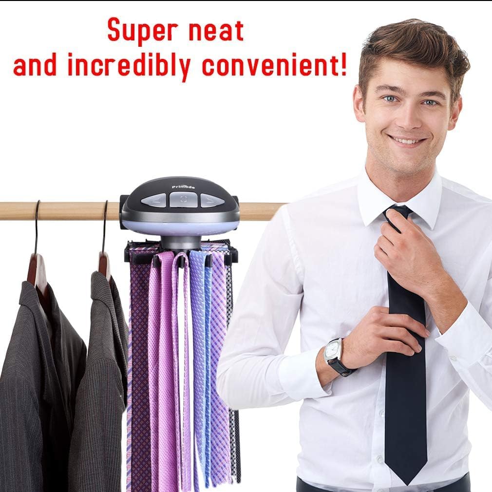 Motorized Tie Rack Stores Up to 50 Ties– Closet Organizer, Holds & Displays Up to 50 Ties Or Belts, Rotation Operates with Batteries. Great Gift Idea for Fathers Day