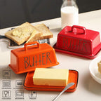 Sweejar Ceramic Butter Dish with Handle Lid, 7.3 Inch Porcelain Large Butter Keeper with Cover, Perfect for East/West Butter (Orange)