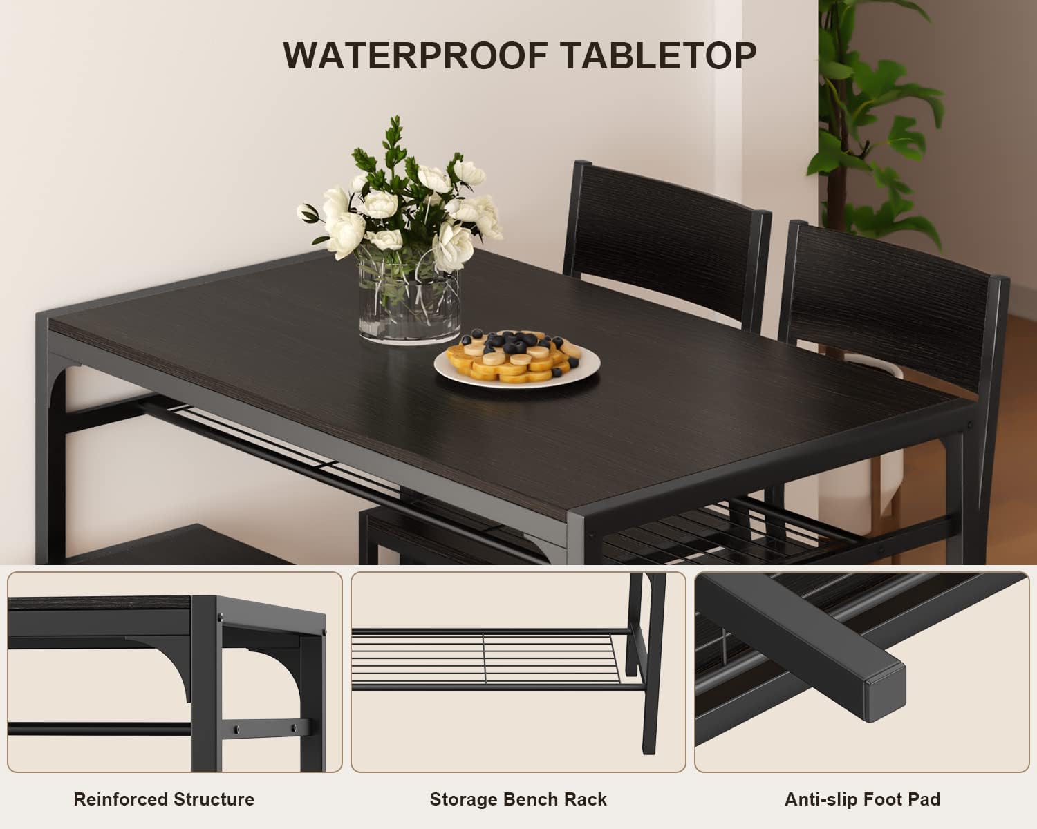 Gizoon Kitchen Table and 2 Chairs for 4 with Bench, 4 Piece Dining Table Set for Small Space, Apartment