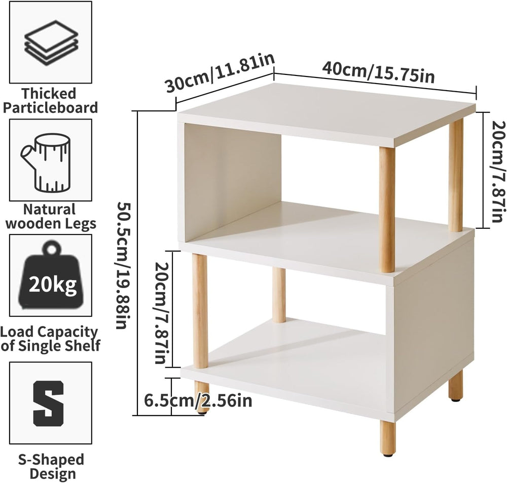 Aibiju White Night Stand with Open Storage Shelf, Wood Nightstand S Shape, Be...