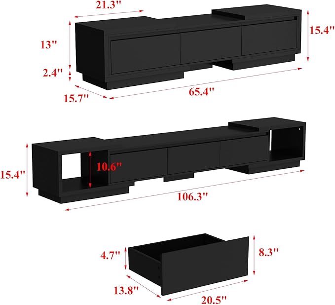 FAMAPY Extendable TV Console Table Modern TV Cabinet with Drawers, Contemporary Media Storage Console Table for Living Room Black (65.4-106.3”W x 15.7”D x 15.4”H)