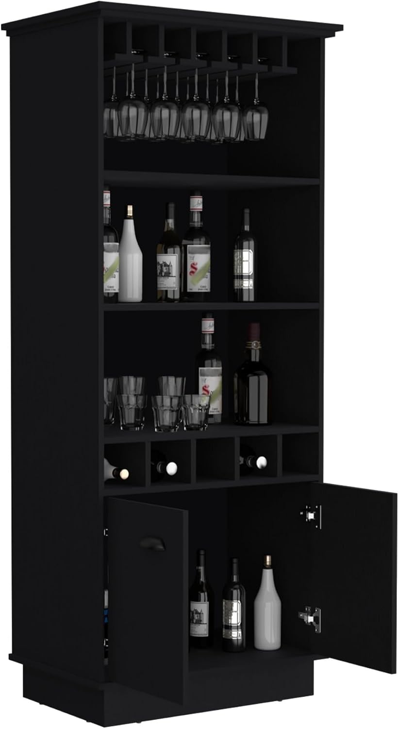 70-Inch High 10-Glass Bar Cabinet with 5 Cubbies and 3 Open Shelves and Cabin...