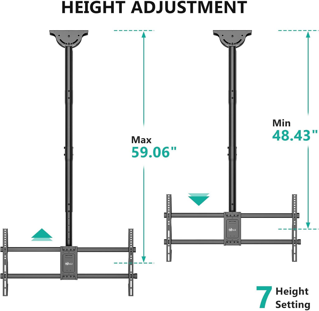 WALI Ceiling TV Mount for 37-90 Inch TVs, Extra Long Arm Ceiling Mount TV Bracket, Telescoping Height Adjustable Hanging Pole TVs Ceiling Mount, Holds 220 lbs, Max VESA 800x400mm (CM3790XL), Black