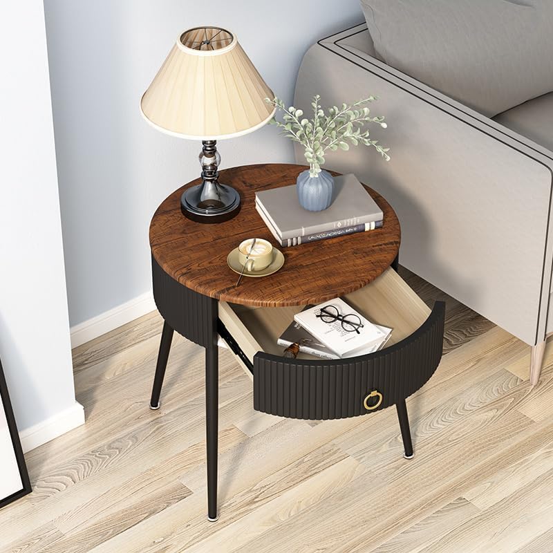 OIOG End Tables Set of 2, Wood Grain Bedside Tables with Drawer, Black