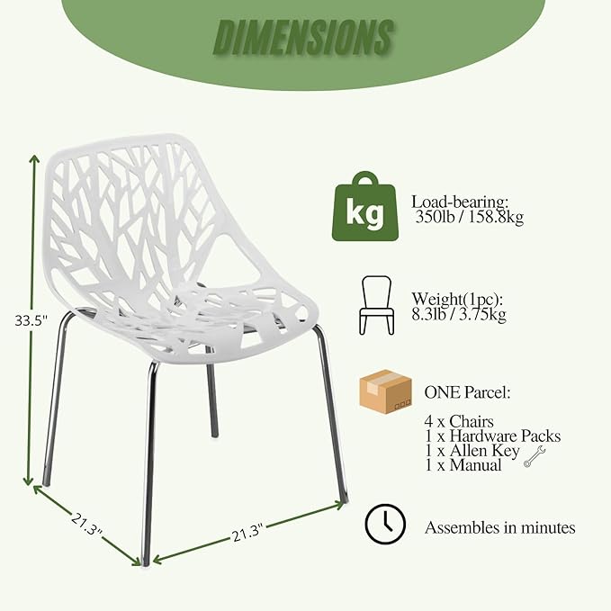 Karl home Mid Century Modern Dining Chairs Set of 4, Stackable Plastic Chair, Bird's Nest Trunk Pattern Suitable for Kitchen, Dining, Bedroom, Living Room,350lbs Capacity(White)