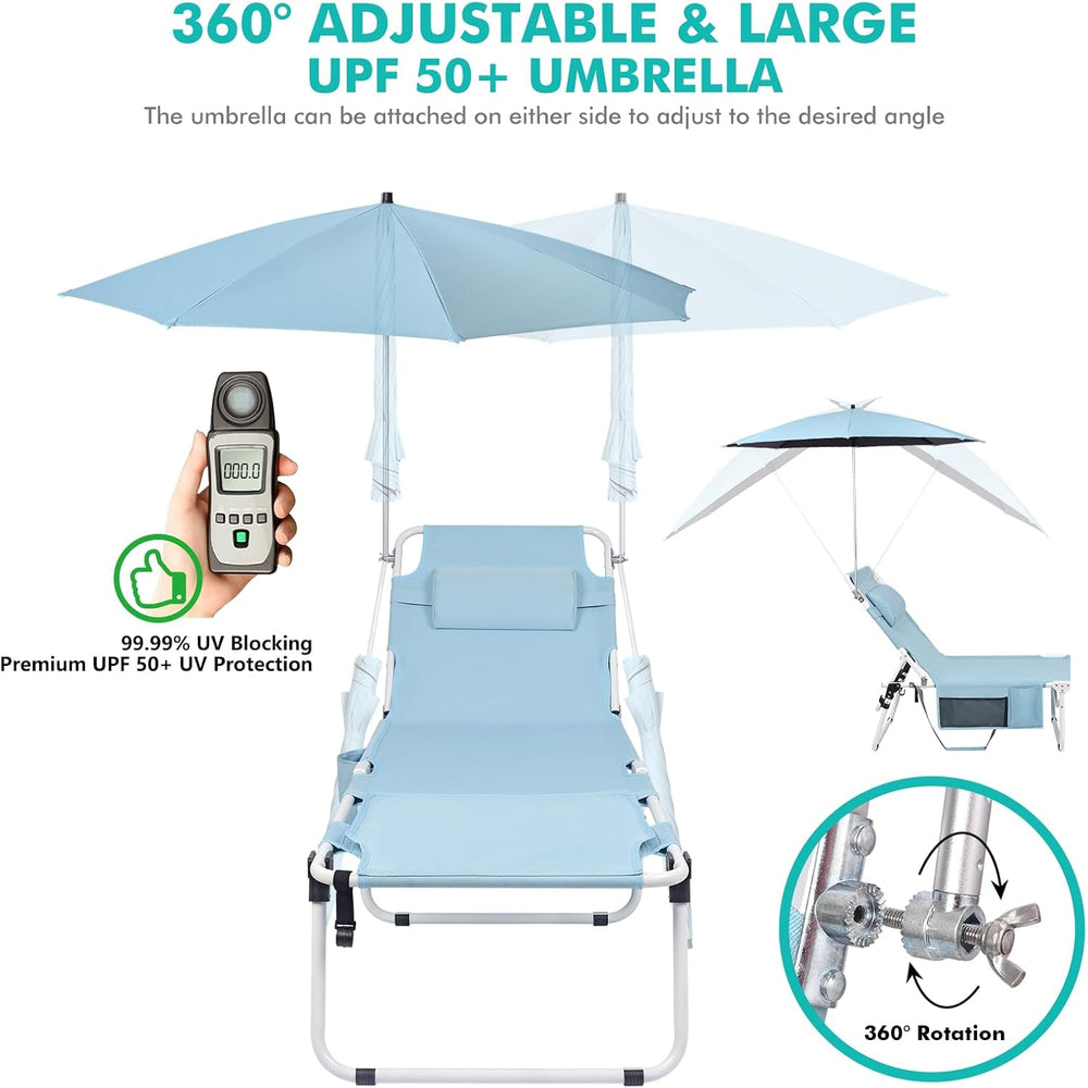 Tanning Chair with Umbrella UPF 50+ Adjustable, Heavy Duty Folding Chaise Lou...