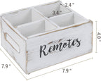 MyGift Wood Remote Control Holder Organizer with 4 Compartments, Media Remote Caddy Storage with Cursive REMOTES Design, Whitewashed