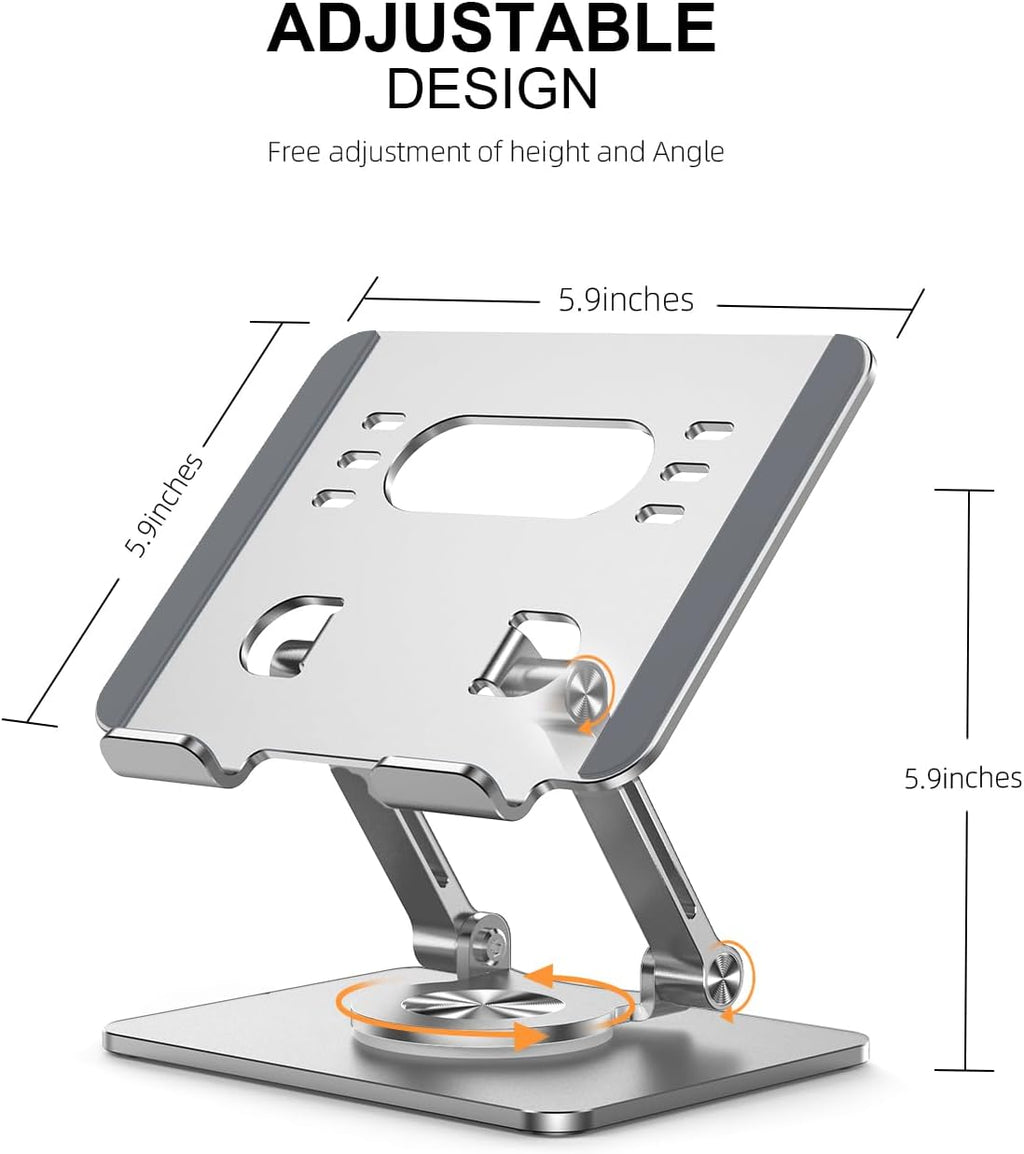 Tablet Stand Holder with Thickened 360°Rotating Base Dual Rod Adjustable Aluminum Stand for All 5.8-12.9” iPad Samsung Phone Tablet Kindle E-Reader and More, Silver