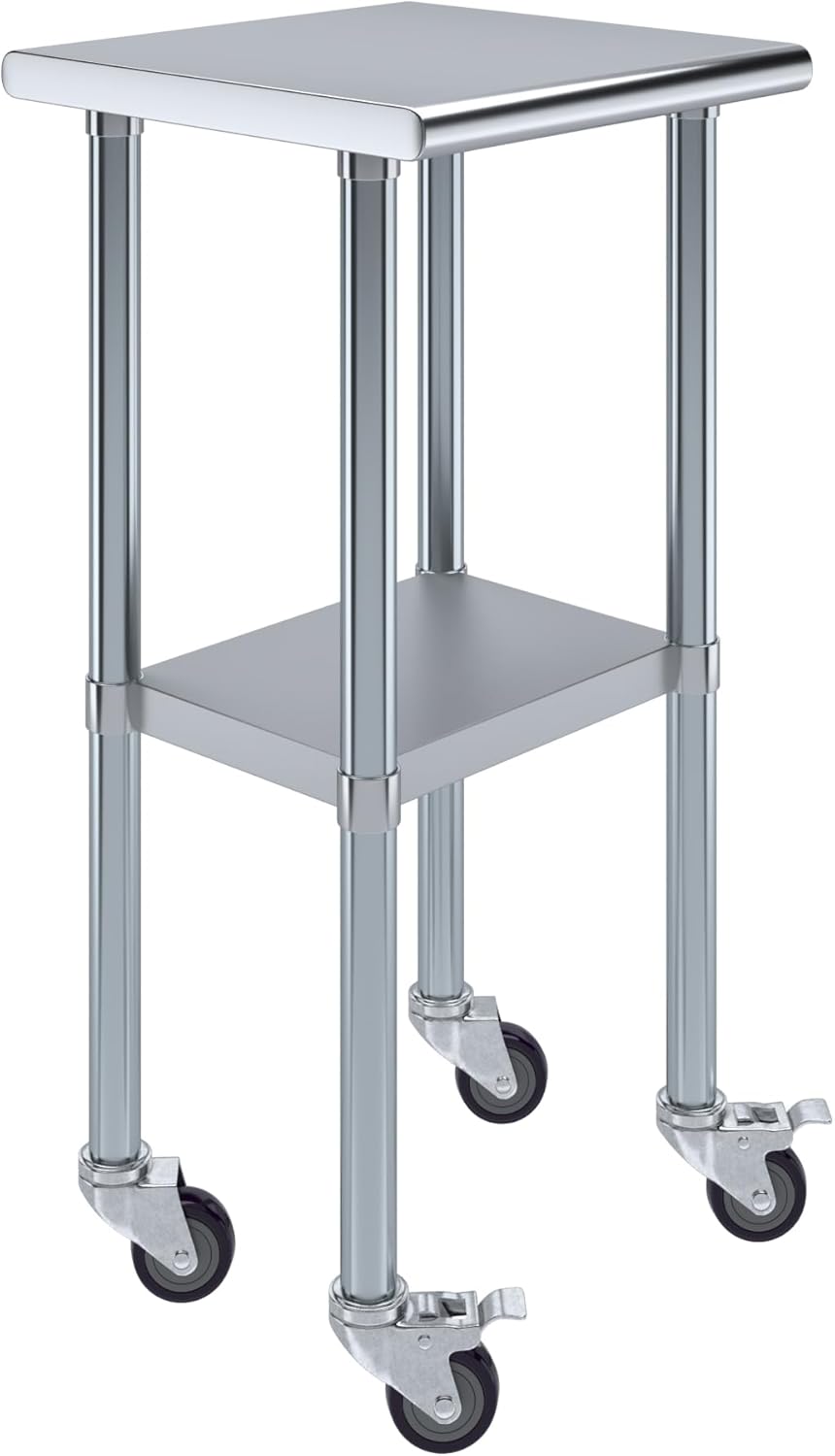 AmGood 18" x 18" Stainless Steel Work Table with Casters | Heavy Duty Metal Utility Table On Wheels | Kitchen Island Cart