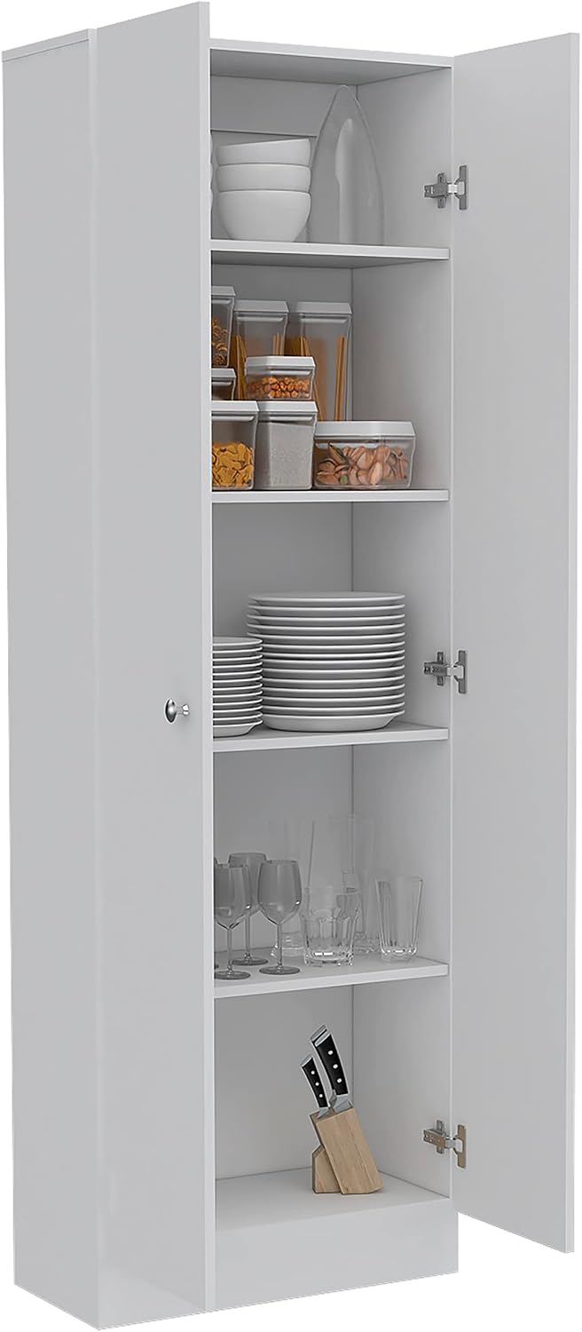 Modern Kitchen Pantry, White Storage Cabinet with 5 Shelves & Double Door...