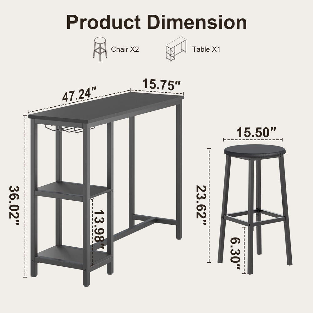Qsun Small Bar Table Set for 2 | Kitchen Table for 2 with 2 Storage Shelves &...