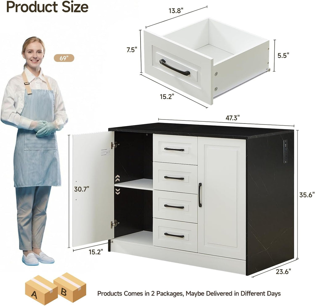 47" Kitchen Island with Power Outlet & Imitation Marble, Black | Dining Table with 2 Storage Cabinets & 4 Drawers, Adjustable Shelves, Home Bar for Kitchen, Dining Room, Living Room