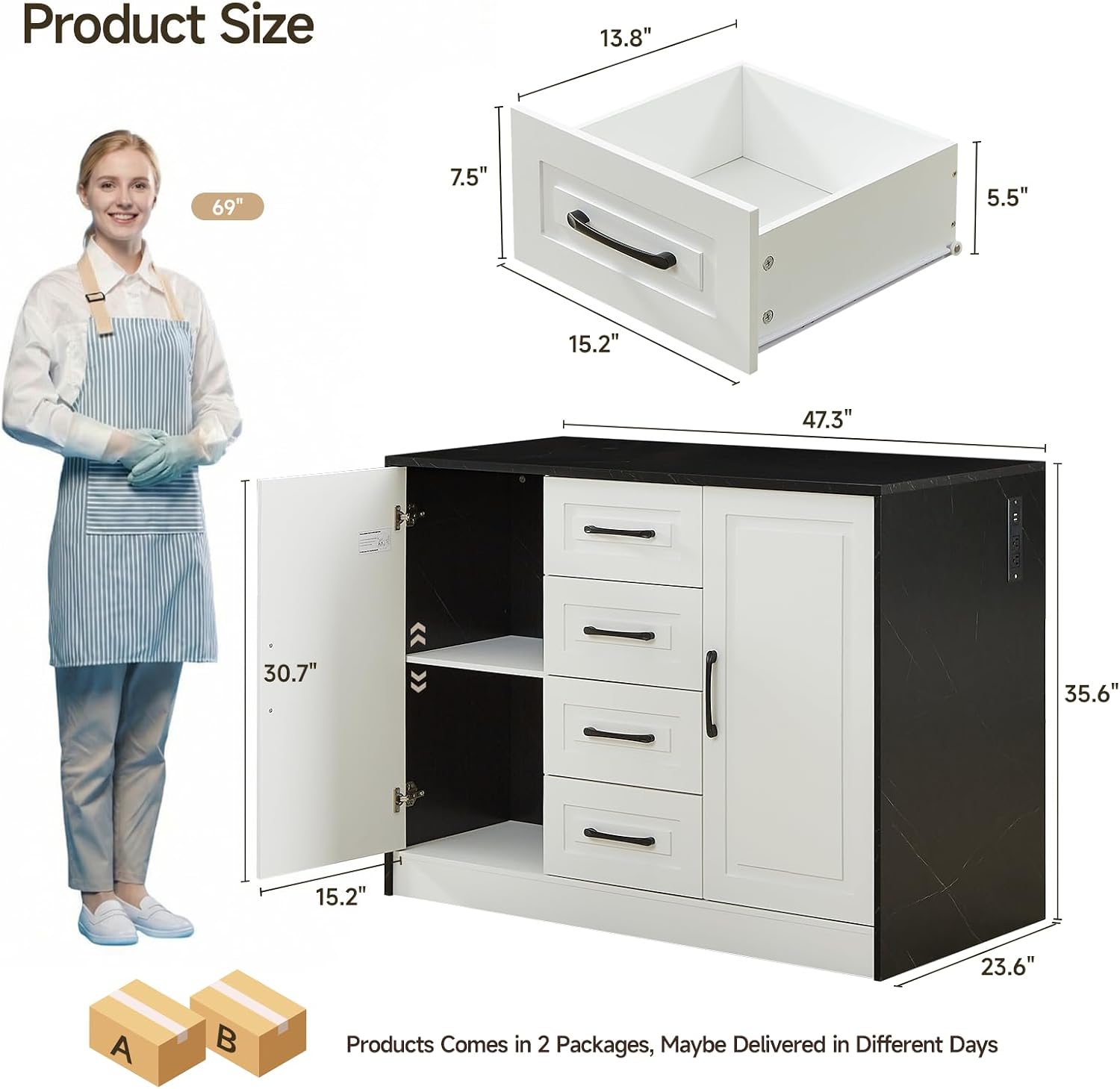 47" Kitchen Island with Power Outlet & Imitation Marble, Black | Dining Table with 2 Storage Cabinets & 4 Drawers, Adjustable Shelves, Home Bar for Kitchen, Dining Room, Living Room