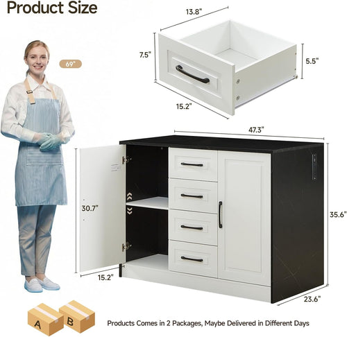 47" Kitchen Island with Power Outlet & Imitation Marble, Black | Dining Table with 2 Storage Cabinets & 4 Drawers, Adjustable Shelves, Home Bar for Kitchen, Dining Room, Living Room