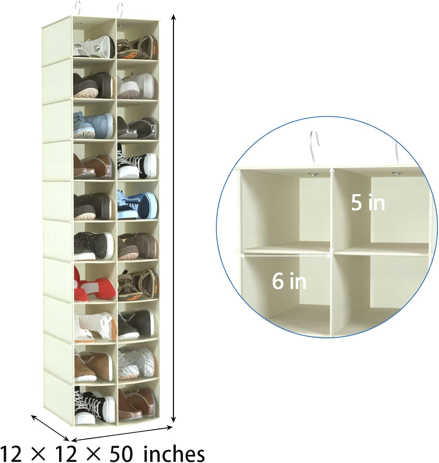 20 Section Hanging Shoe Organizer for Closet, Beige | Hanging Closet Organizer and Storage for Wardrobe, Dorm, Bedroom, Space Saving Foldable Clothes Shelf with Sturdy Hooks