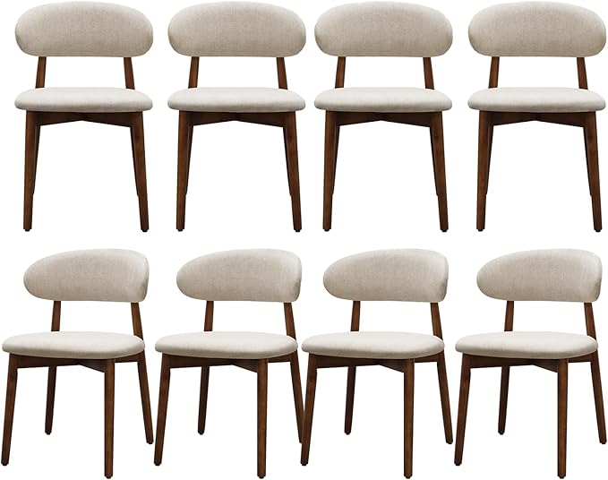 Farmhouse Dining Chairs Set of 8, Mid Century Modern Wooden Dining Room Chairs, Farmhouse Fabric Upholstered Kitchen Dinner Chairs for Living Room Restaurant Cafe, Walnut/Warm Grey
