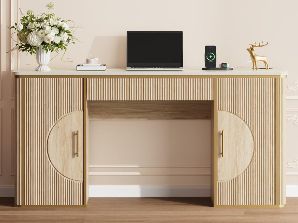 60" Fluted Computer Desk, Wooden Long Home Office Writing Desk with Draw...