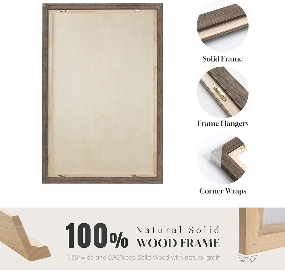 Large Framed Wood 3D Boho Black Floral Wall Art for Living Room, 24x36 Inch