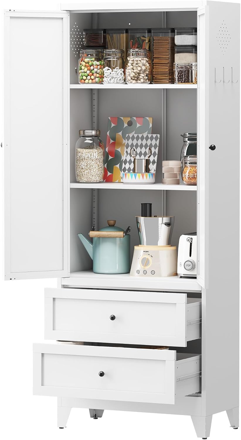 72" Tall Metal Kitchen Pantry Cabinet - Freestanding Sideboard Storage B...