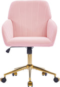 YISHENG Velvet Office Desk Chair with Gold Base, with Wheels,Modern Height Adjustable 360 Degree Swivel Upholstered Vanity Chairs with Arms for Living Room Bedroom,Pink