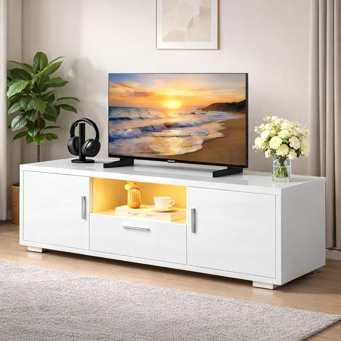 White TV Stand with 16-Color LED Lights, Single Drawer & Double Door Media Console, Supports up to 55 Inch TV & 200 lbs, Modern Entertainment Center