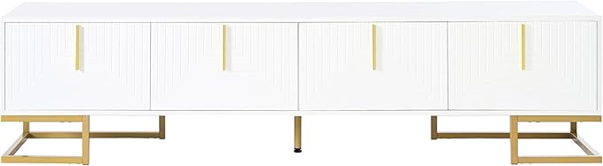 ON-TREND Modern TV Stand with Metal Legs and Gold Handles for TVs Up to 80'', Media Console Table with Cabinets and Adjustable Shelves, Luxury TV Cabinet with Geometric Lines for Living Room, White